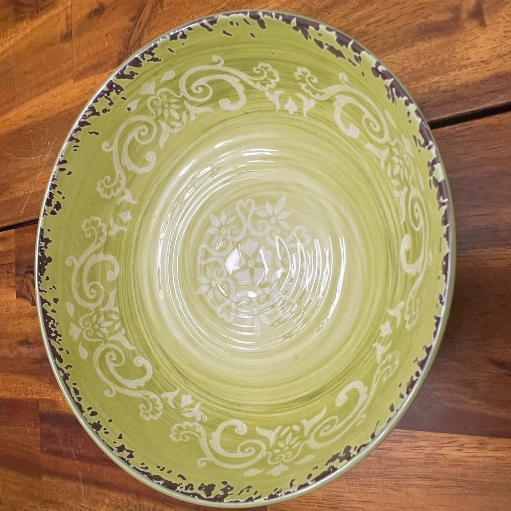 Palm Restaurant Pasta Salad Bowls Set of 2 8" Green Very Good Scroll Distressed - Picture 7 of 8